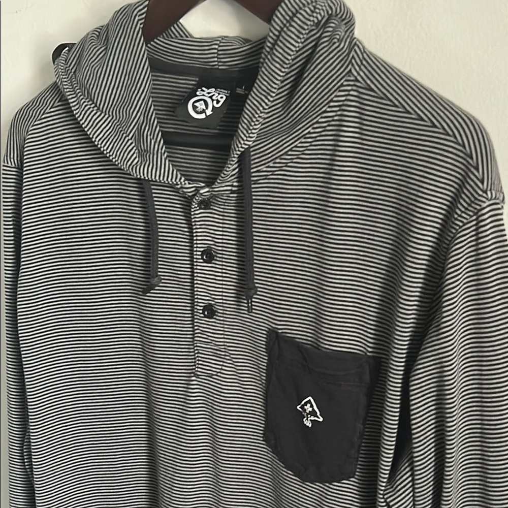 LRG Men's Black Striped Long Sleeve Lightweight Henley Hoodie Shirt